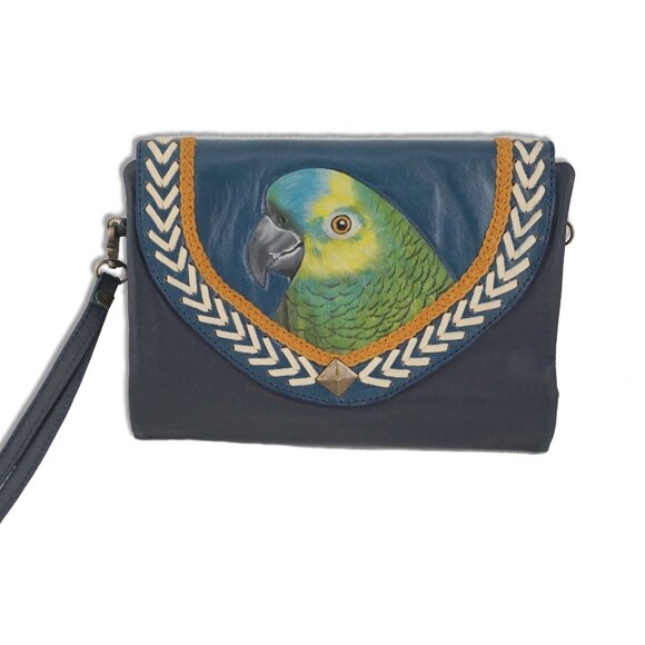 Handmade Hand Painted Leather Amazon Parrot Crossbody Wristlet Bag / Wallet - Picture 1 of 12